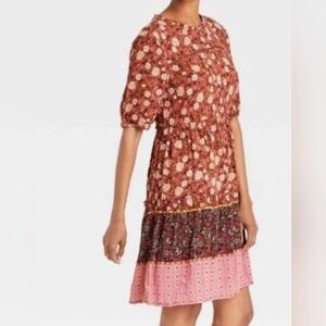 Know Rose Medium Babydoll Tiered‎ Boho Country Concert Prairie Rust Dress